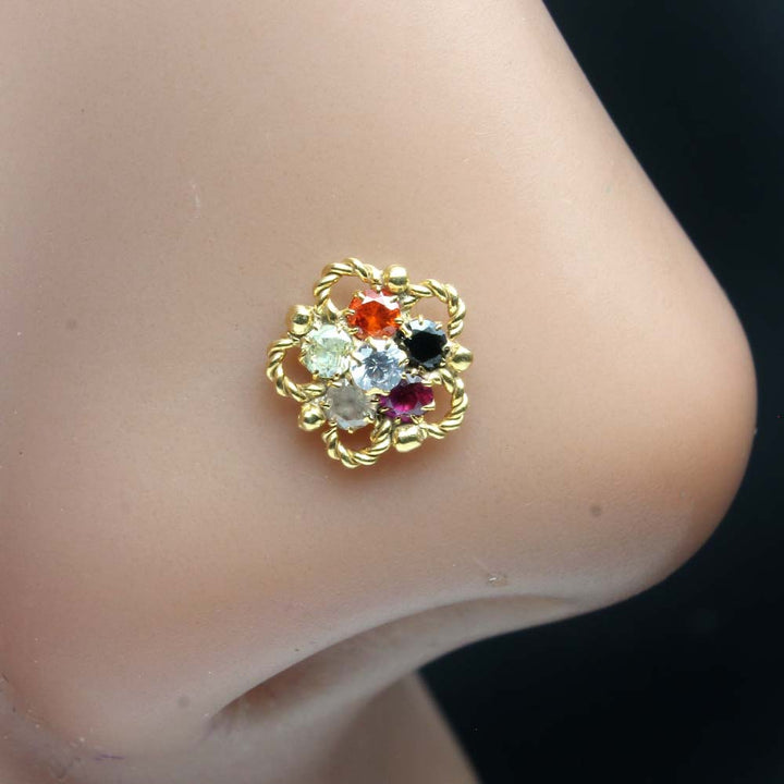 Cute Flower Gold Plated Indian Women Style Nose Studs CZ Twisted nose ring 24g