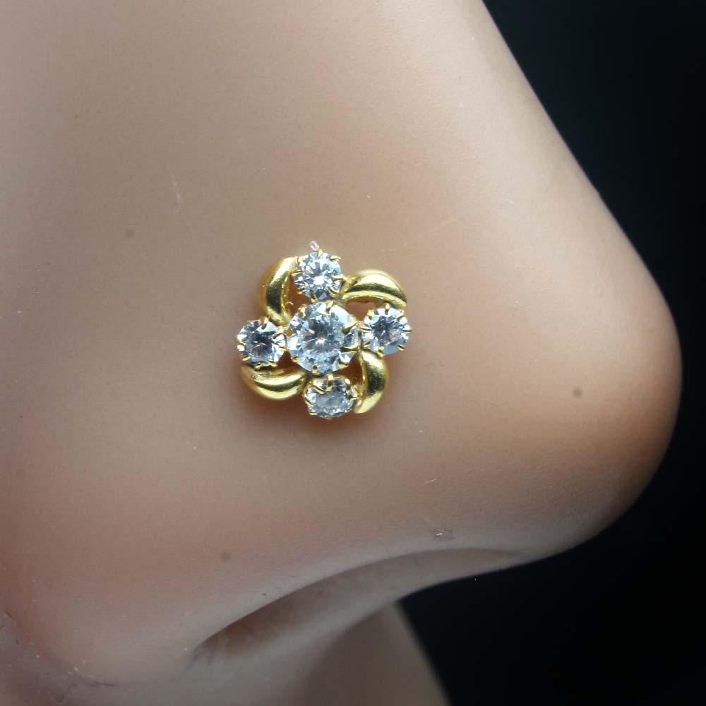 Traditionally Gold Plated Indian Style Nose Studs CZ Twisted nose ring 24g