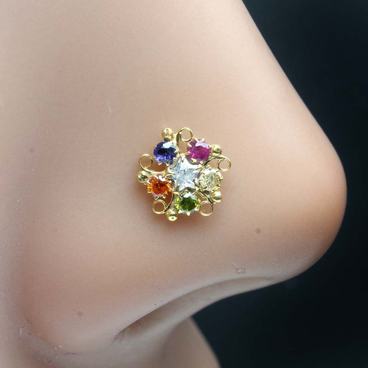 Gold Plated Indian Style Nose Studs Multi White Star CZ Twisted nose ring