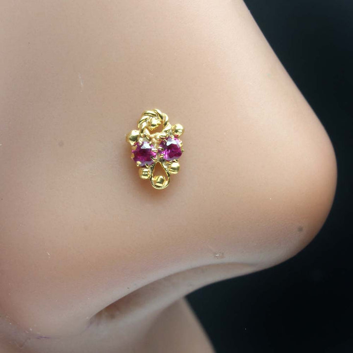 Ethnic Vertical Gold Plated Indian Women Style Nose Studs CZ Twist nose ring 24g
