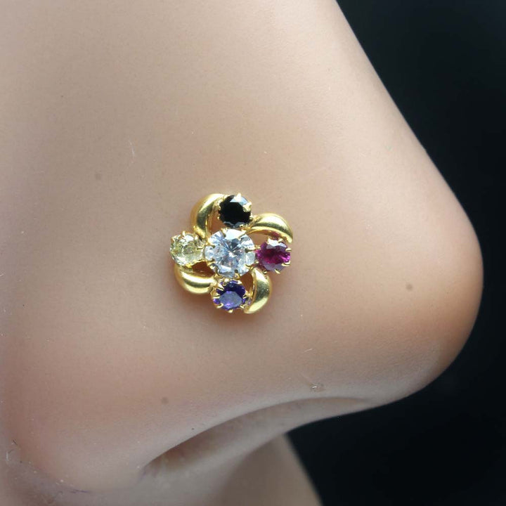 Ethnic Gold Plated Indian Square Style Nose Studs Multi CZ Twisted nose ring