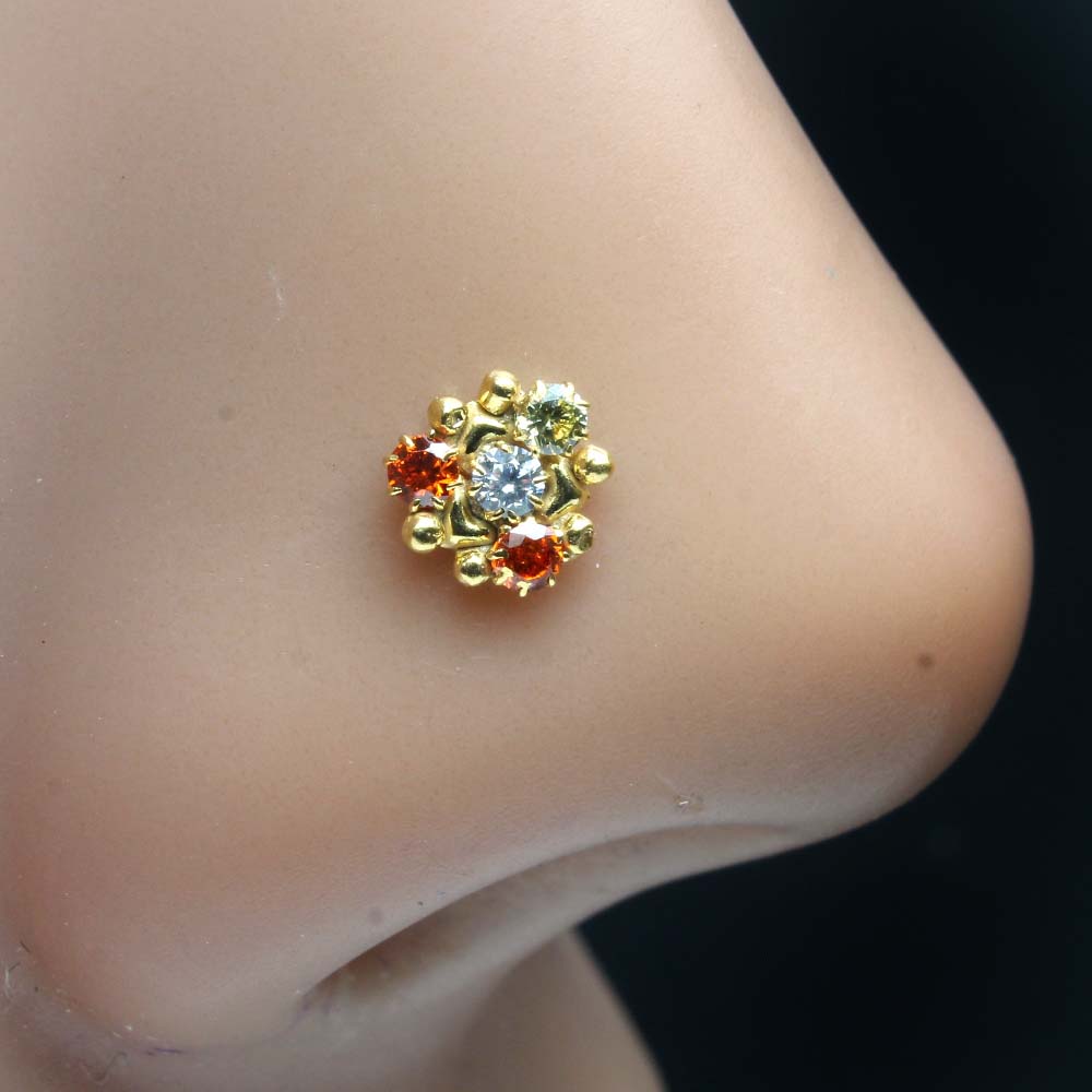 Gold Plated Indian Small Triangle Style Nose Studs Multi CZ Twisted nose ring