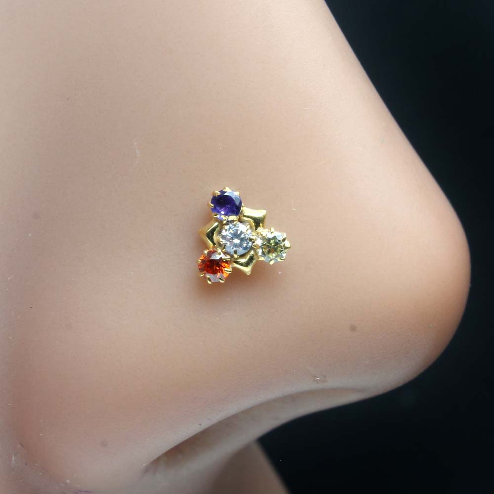 Gold Plated Indian Women Small Triangle Style Nose Studs CZ Twisted nose ring