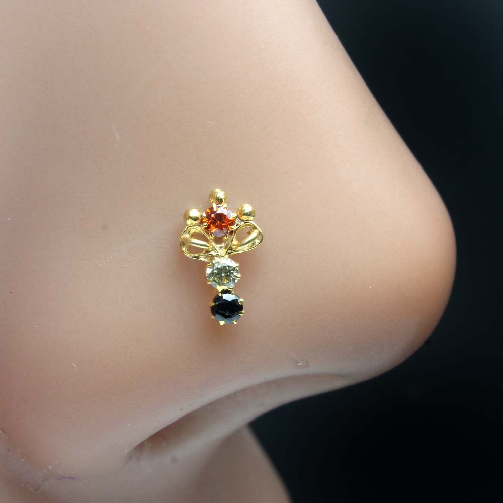 Vertical Style Gold Plated Indian Nose Studs Multi CZ Twisted nose ring