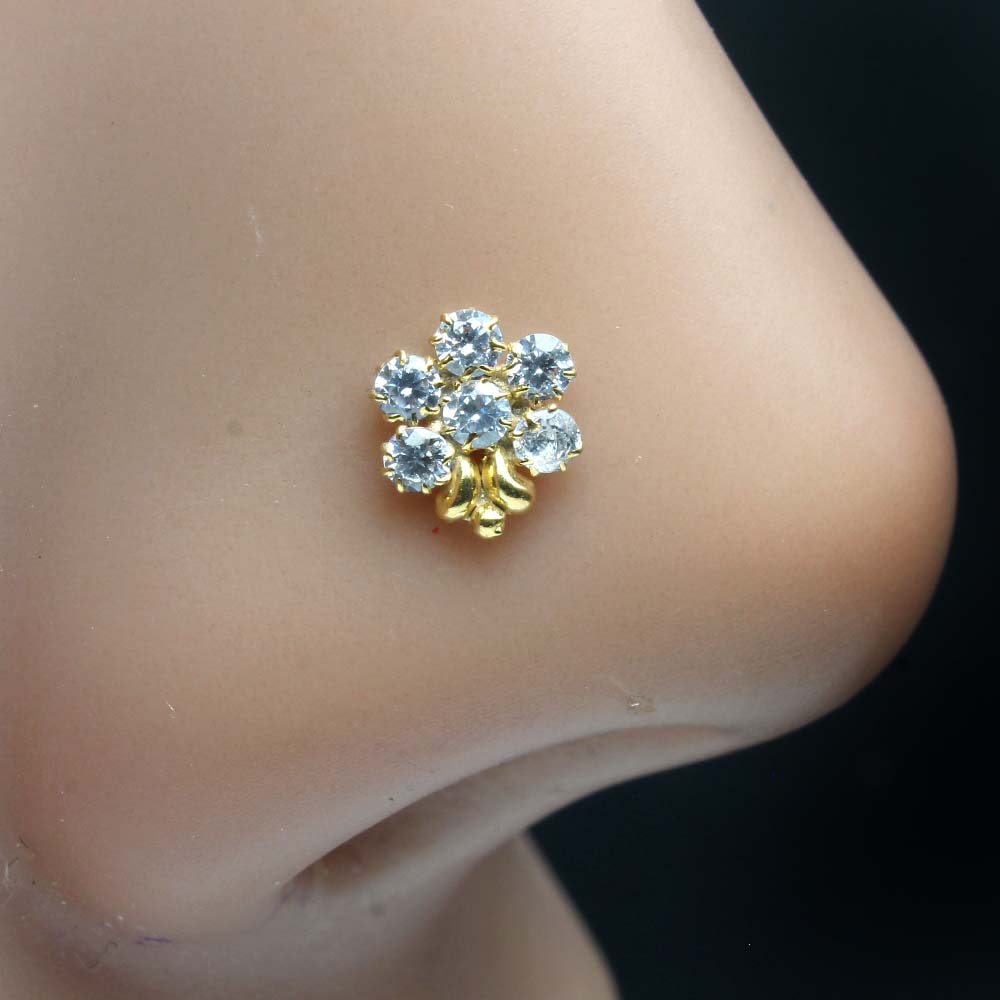 Cute Flower Gold Plated Indian Style Nose Studs CZ Corkscrew nose