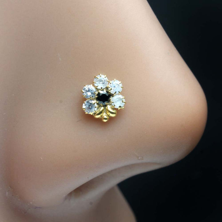 Cute Flower Gold Plated Indian Style Nose Studs CZ Corkscrew nose ring 24g
