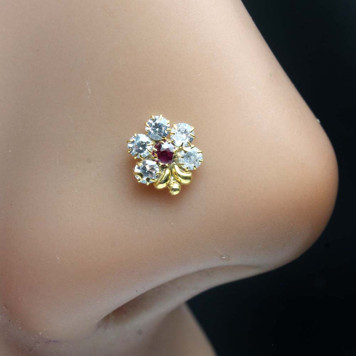Cute Flower Gold Plated Indian Style Nose Studs CZ Corkscrew nose ring 24g
