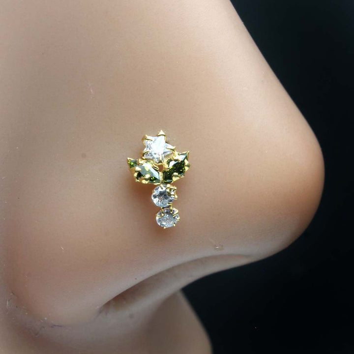 Star Vertical Gold Plated Indian Women Style Nose Studs CZ Twisted nose ring 24g