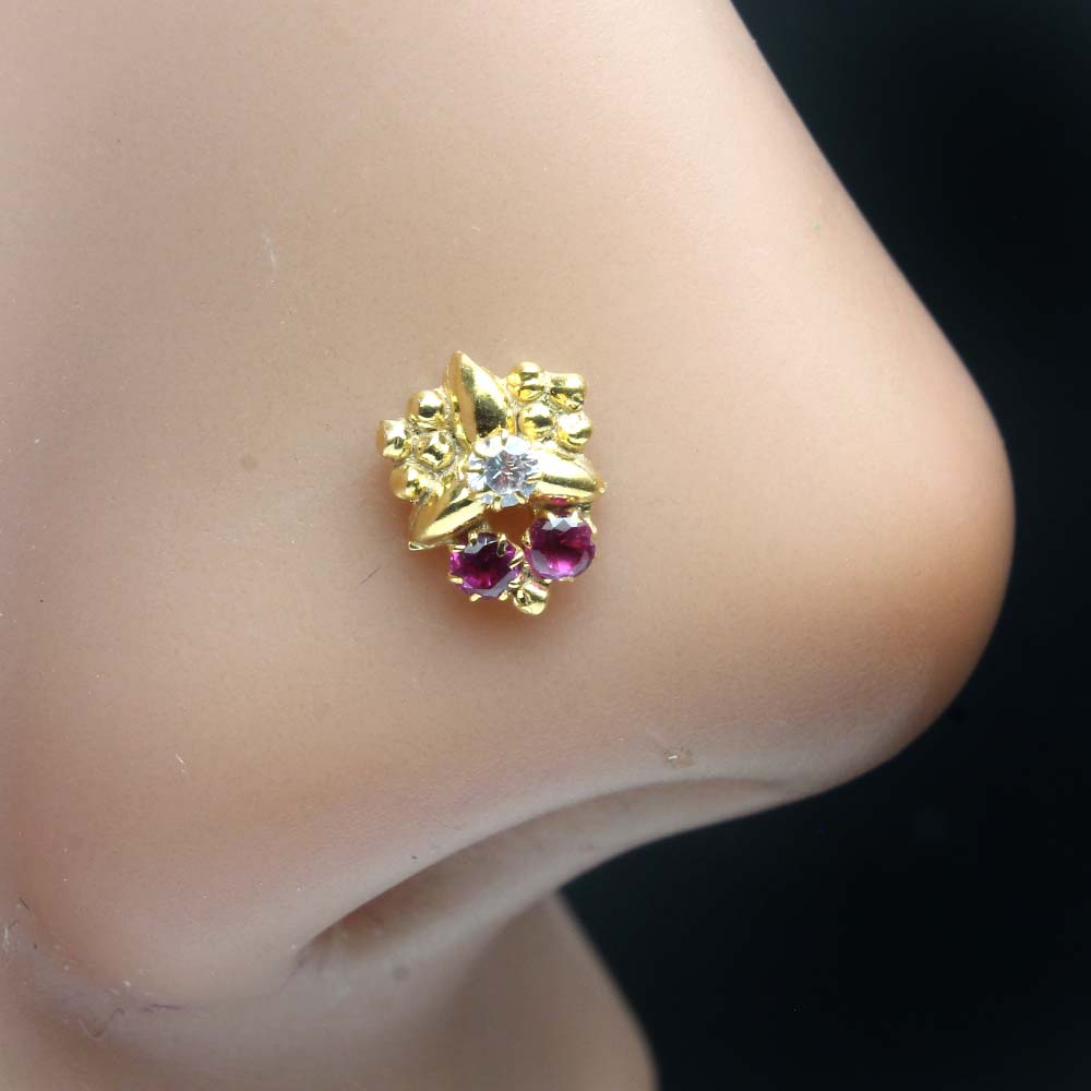 Small Vertical Style Gold Plated Indian Women Nose Studs CZ Twisted nose ring