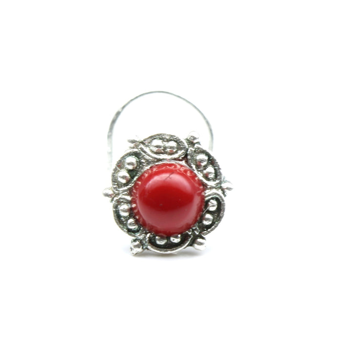 Gypsy 925 Silver Small Flower Red Stone Twisted Oxidized Nose Stud nose ring