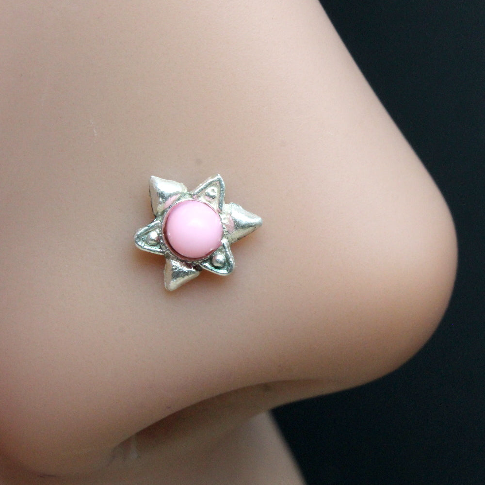 925 Sterling Silver Star Pink Stone Nose Stud Indian Twisted Oxidized nose ring