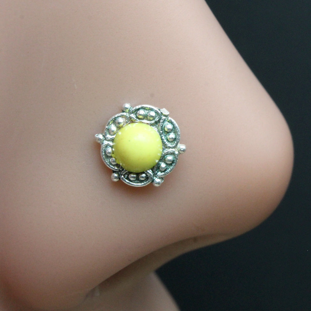 Gypsy Asian 925 Real Silver Yellow Stone Indian Nose Stud for Women