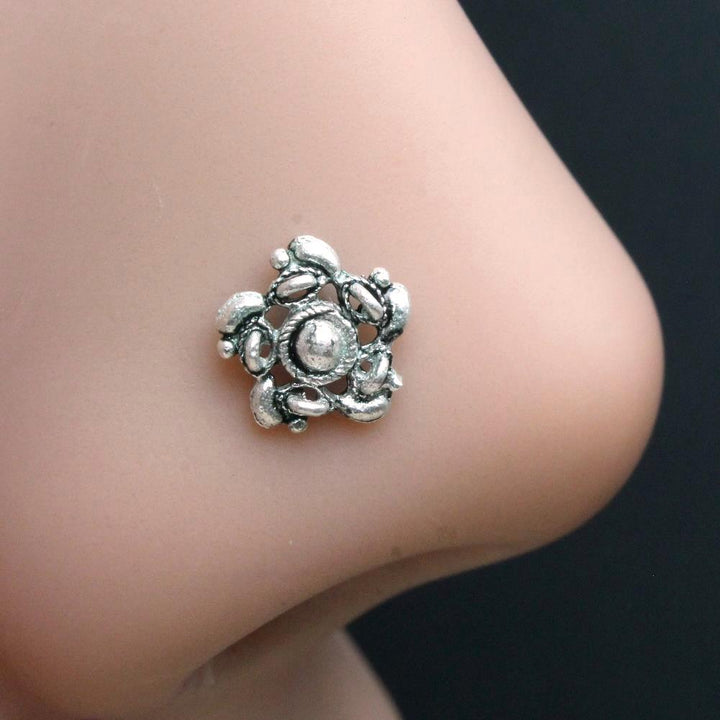 Indian Style Real 925 Silver Flower Twisted Oxidized Nose Stud nose ring L Bend