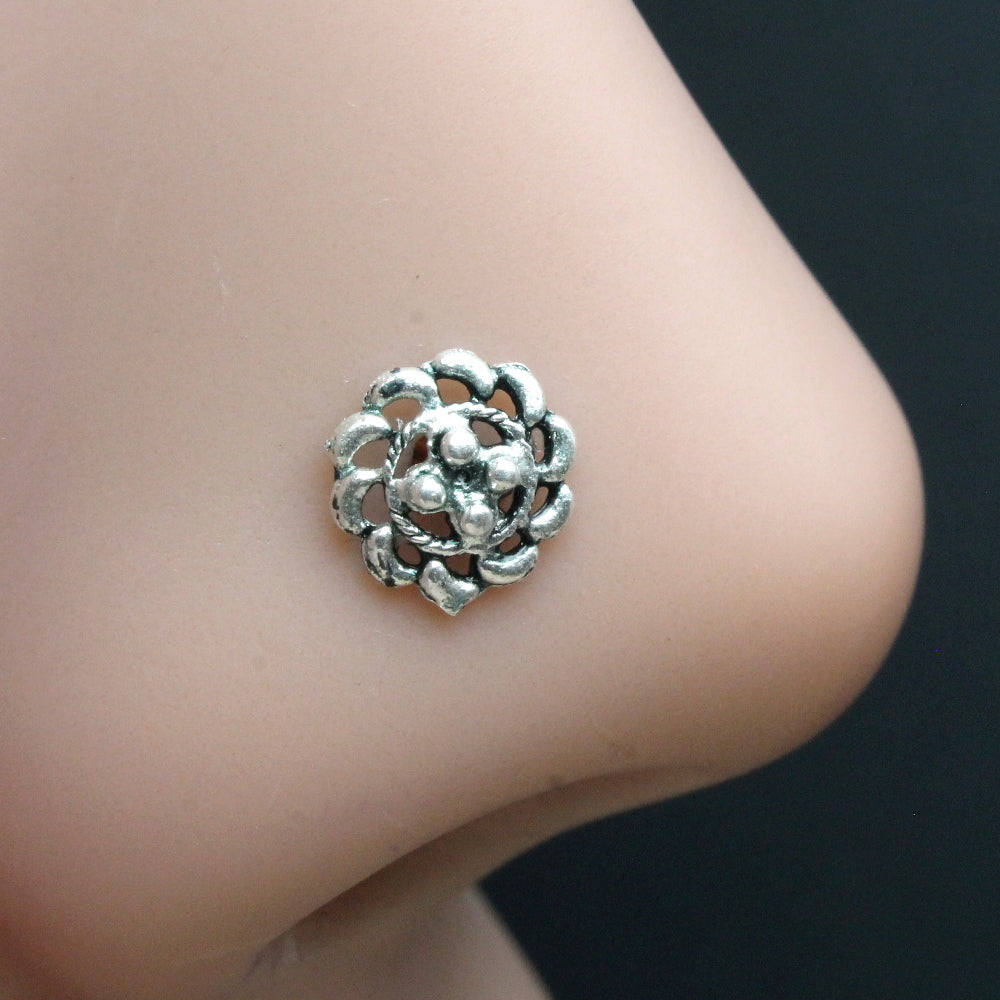 Indian Style Real Solid Silver Flower Twisted Oxidized Nose Stud nose ring