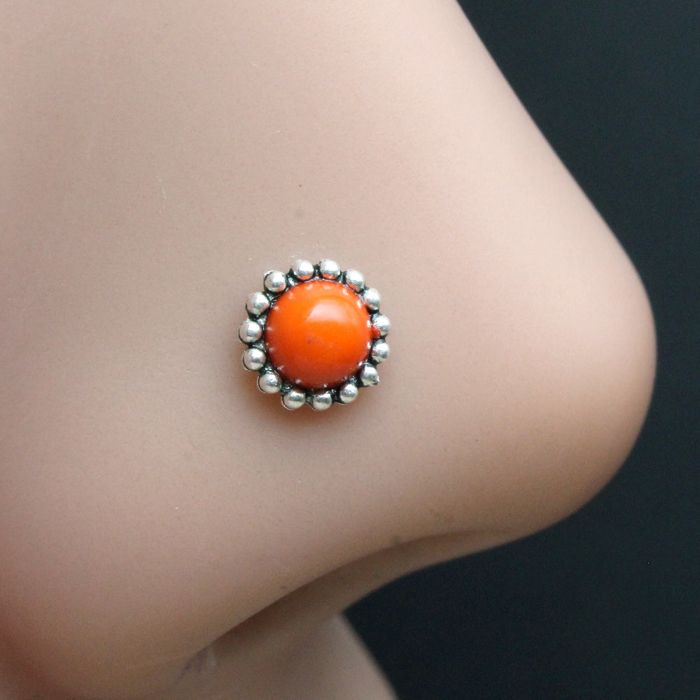 Asian Gypsy 925 Real Silver Oxidized Tiny Orange Flower Twisted Women Nose Stud