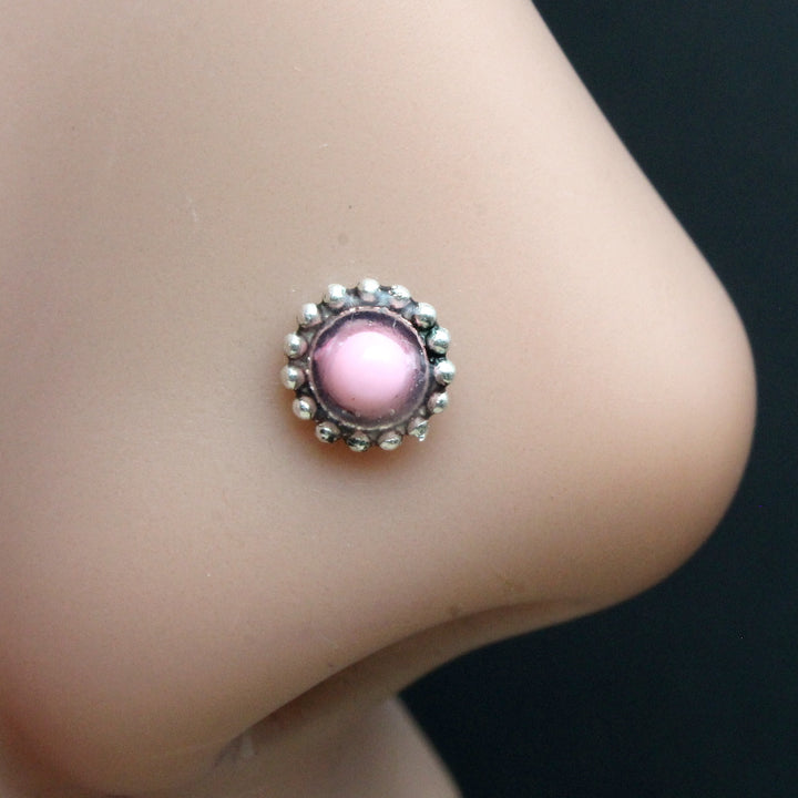 Asian 925 Real Silver Oxidized Pink Stone Twisted Women Nose Stud