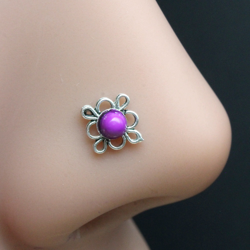 Indian Traditional 925 Real Silver Oxidized Purple Stone Women Twisted Nose Stud