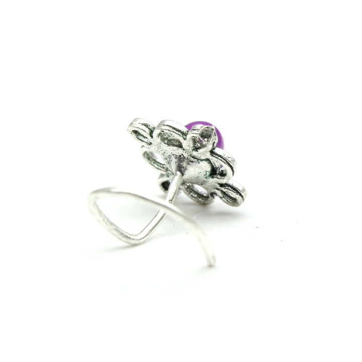 Indian Traditional 925 Real Silver Oxidized Purple Stone Women Twisted Nose Stud