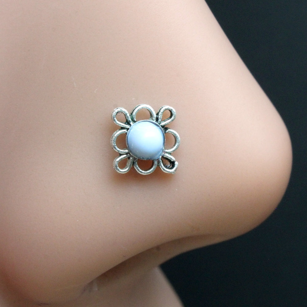 Cute Gypsy Style 925 Real Silver Oxidized Blue Stone Flower Twisted Nose Stud