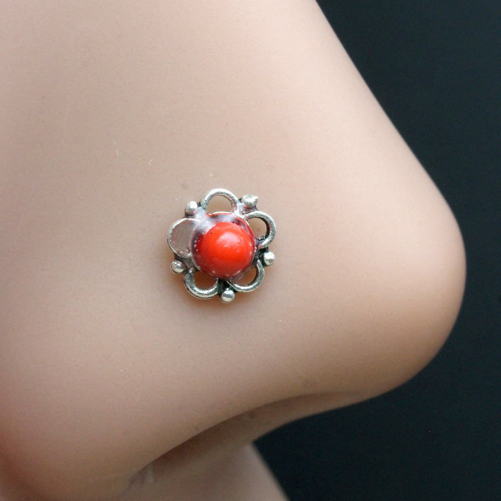 Traditional Real 925 Silver Flower Red Stone Twisted Oxidize Nose Stud nose ring