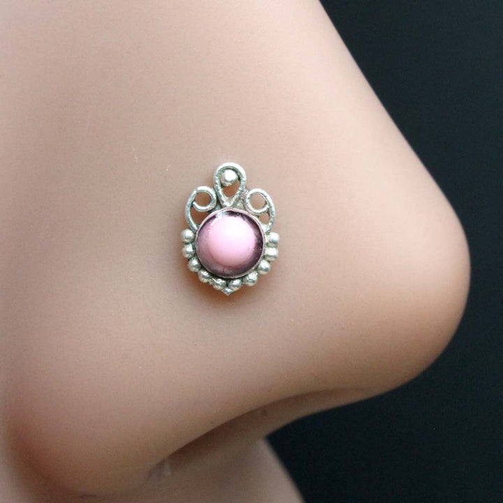 Gypsy Small Vertical 925 Real Silver Oxidized Pink Stone Twisted Nose Stud 24g