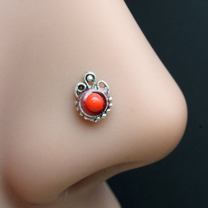Ethnic Indian Real 925 Silver Red Stone Twisted Oxidize Nose Stud nose ring 24g
