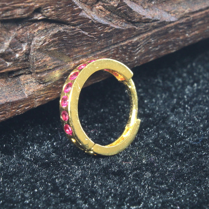 Indian Nose Ring Pink CZ Asian Gold Plated Clicker Hinged Nose Ring