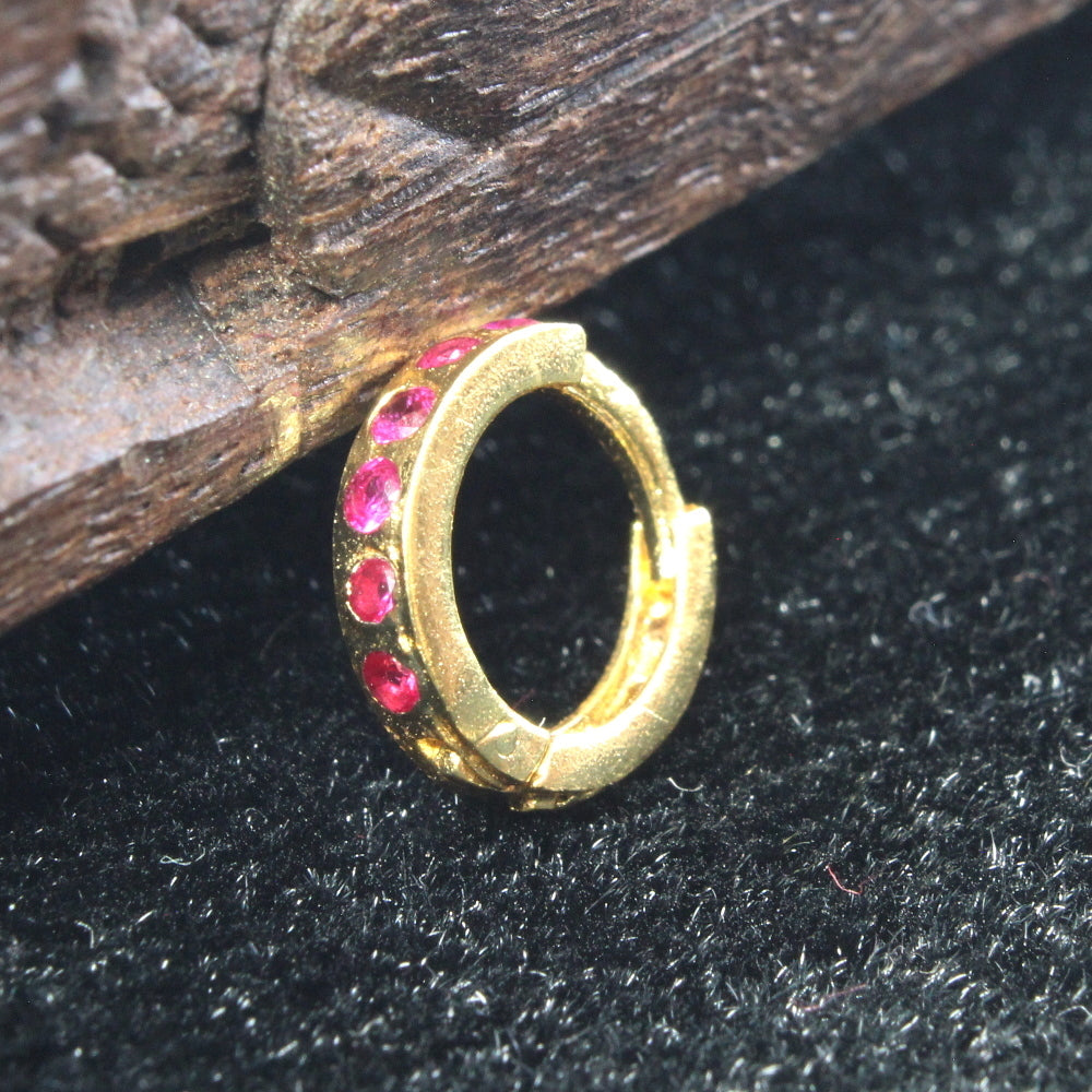 Indian Nose Ring Pink CZ Asian Gold Plated Clicker Hinged Nose Ring
