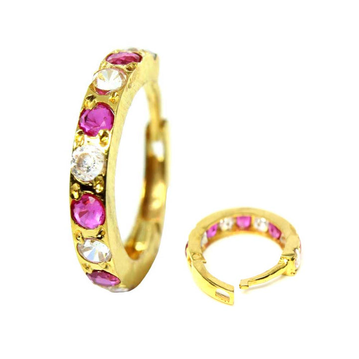 Cute 14k Yellow Gold Pink White CZ Indian Style Women Nose Hinged Hoop Ring 20g