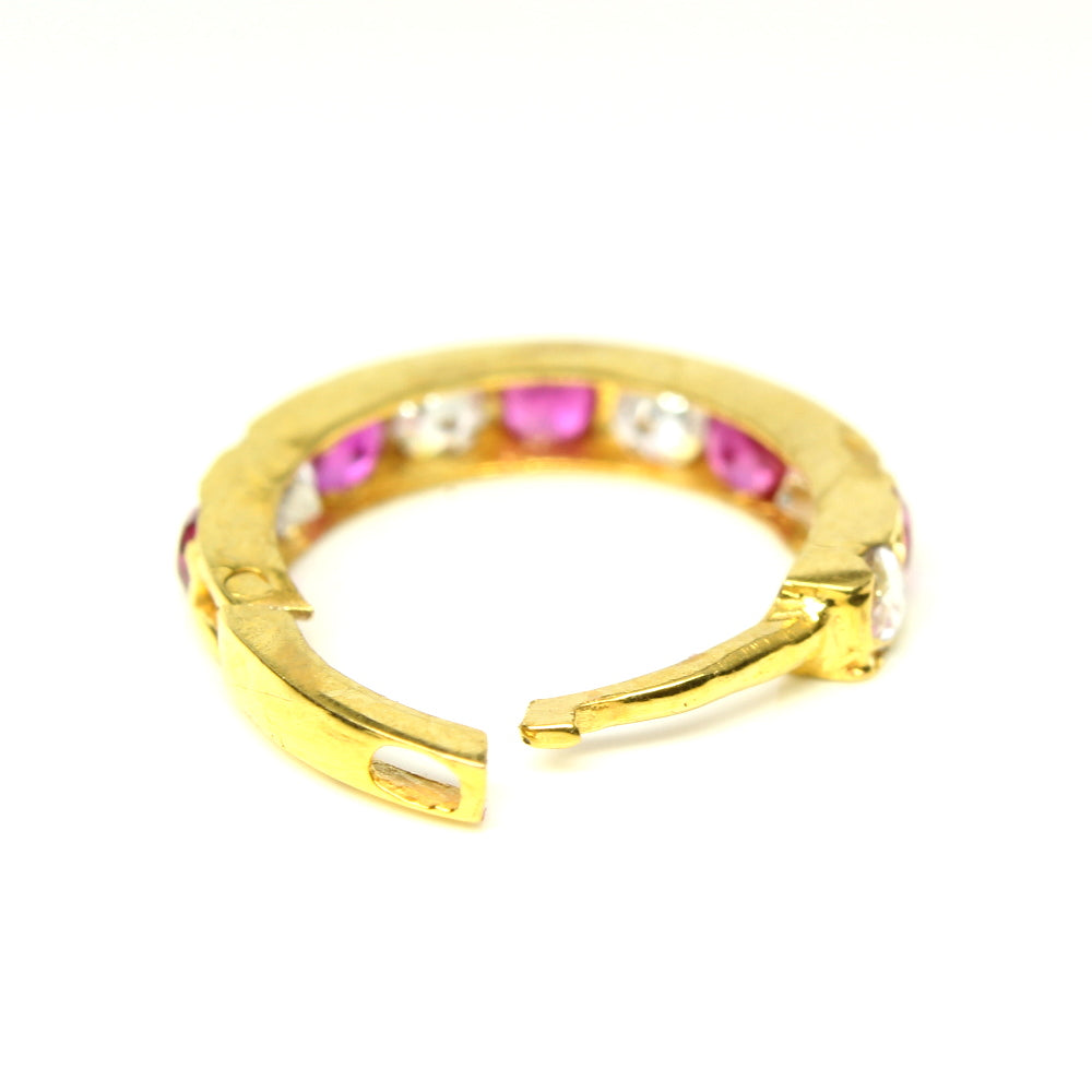 Cute 14k Yellow Gold Pink White CZ Indian Style Women Nose Hinged Hoop Ring 20g