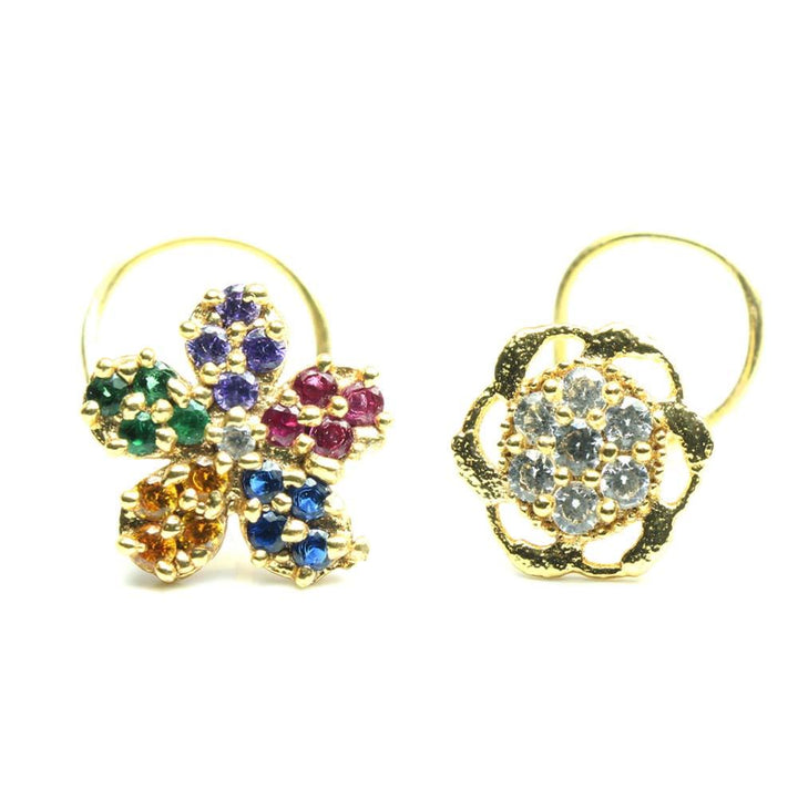 2pc Set Gold Plated Indian Flower Nose Stud CZ Twisted piercing nose ring