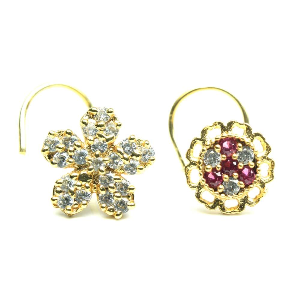 2pc Set Gold Plated Cute Indian Floral Style Nose Stud CZ Twisted nose ring