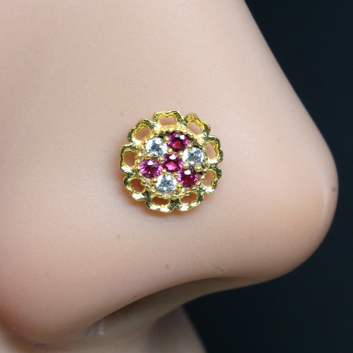 2pc Set Gold Plated Cute Indian Floral Style Nose Stud CZ Twisted nose ring