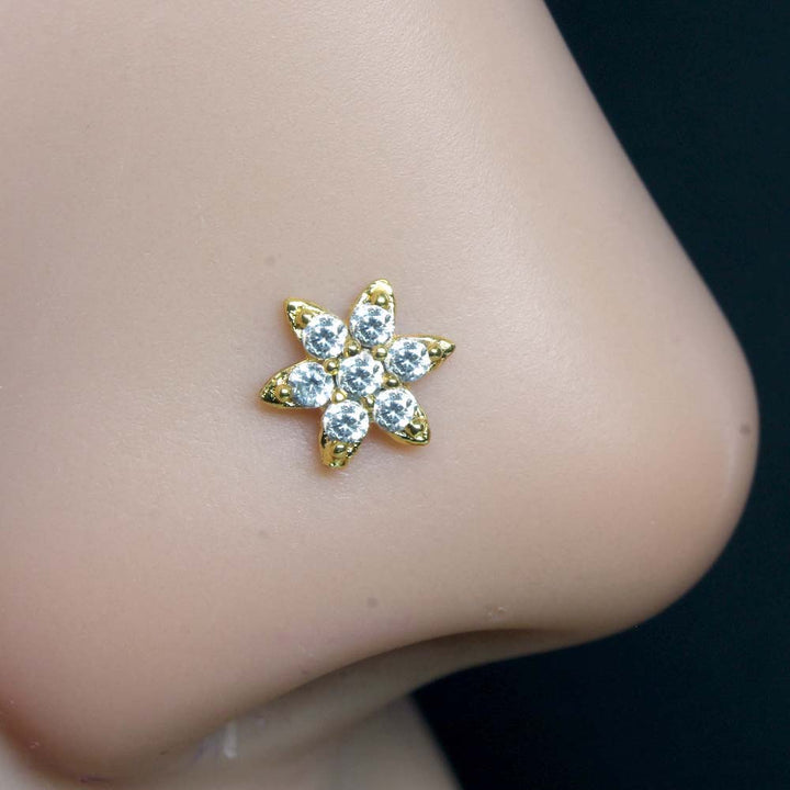2pc Set Gold Plated Star Indian Floral Style Nose Stud CZ Twisted nose ring