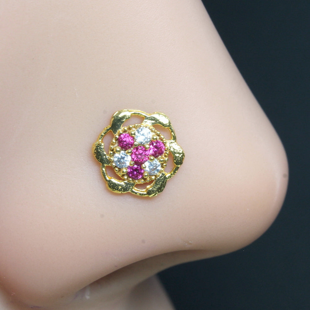 2pc Set Gold Plated Indian Ethnic Floral Nose Stud CZ Twisted nose ring 22g