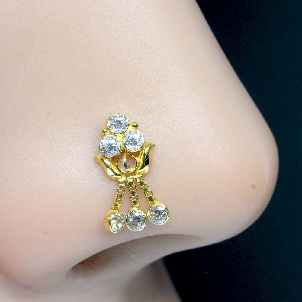 Ethnic Indian Style Real Gold Nose stud 14K Dangle White CZ nose ring Push Pin