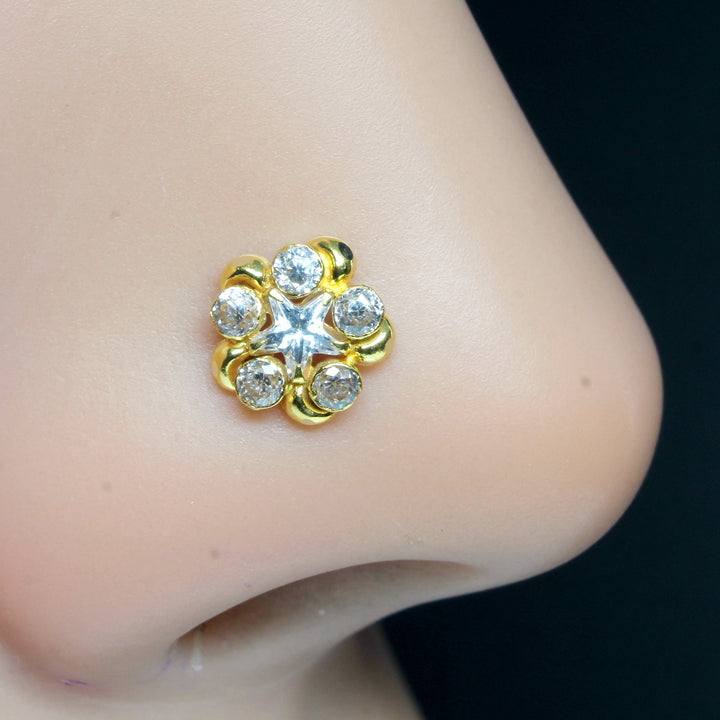 14K Real Gold Medusa Star Style Nose stud White CZ Indian nose ring Push Pin