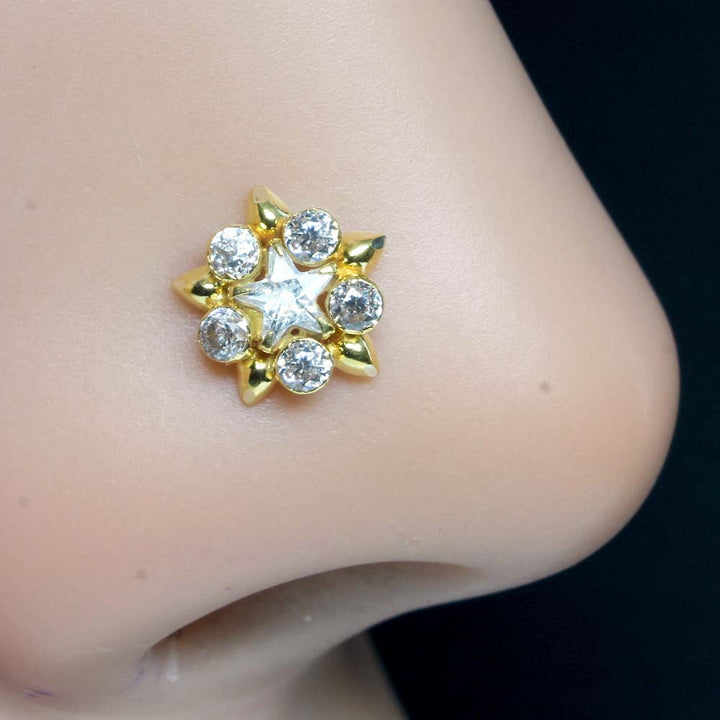 Floral Star Real Gold 14K Nose stud White CZ Indian Style nose ring Push Pin
