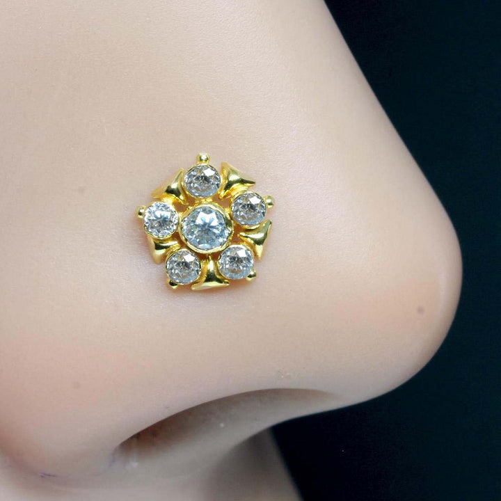 Cute Ethnic Floral Real Gold 14K Nose stud White CZ Indian nose ring Push Pin
