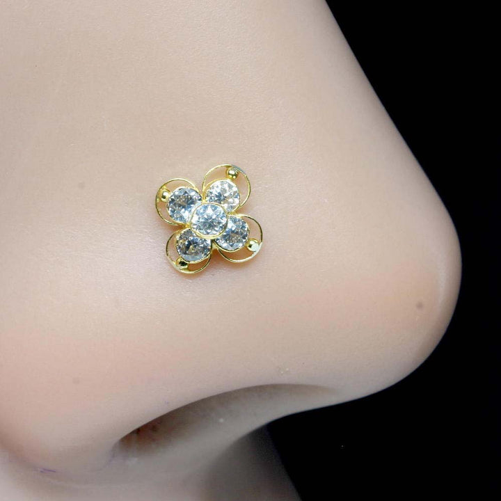 Tiny Square Floral Real Gold 14K Nose stud White CZ Indian nose ring Push Pin