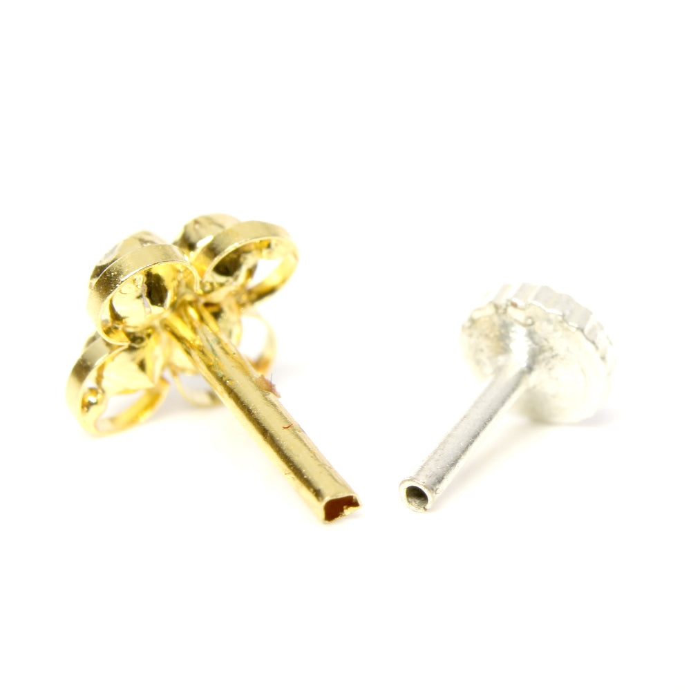 Tiny Square Floral Real Gold 14K Nose stud White CZ Indian nose ring Push Pin