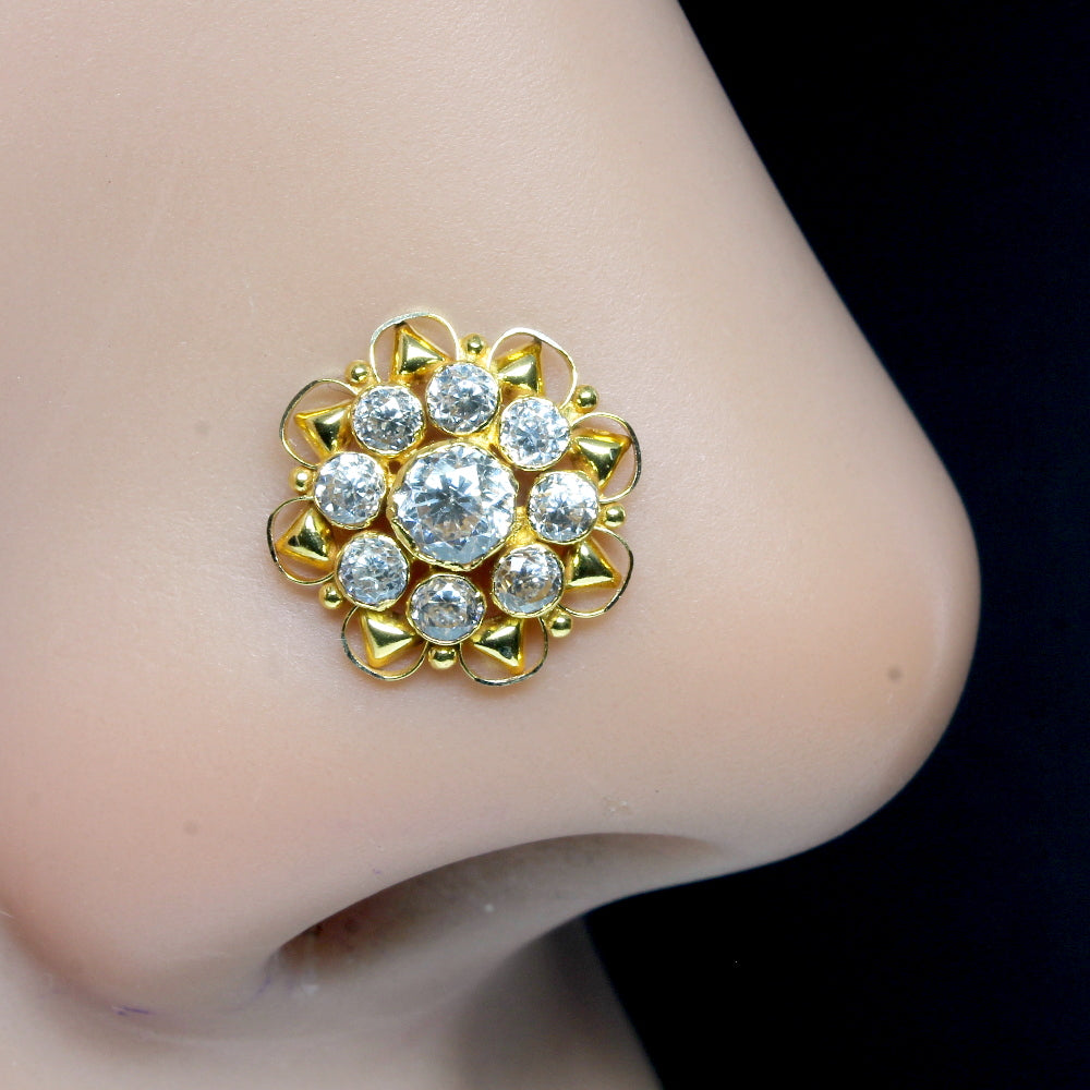 Big Medusa Real Gold 14K Nose stud White CZ Indian Style nose ring Push Pin