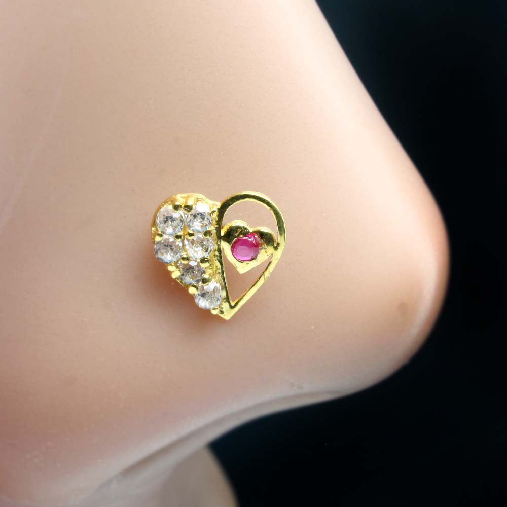 Cute Heart Style Real Gold 14K Nose stud White CZ Indian nose ring Push Pin