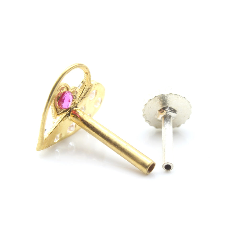 Cute Heart Style Real Gold 14K Nose stud White CZ Indian nose ring Push Pin