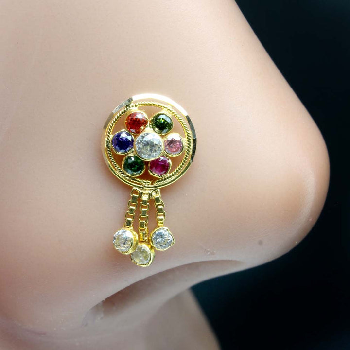 Traditional Indian Dangle Real Gold 14K Nose stud Multi CZ nose ring Push Pin