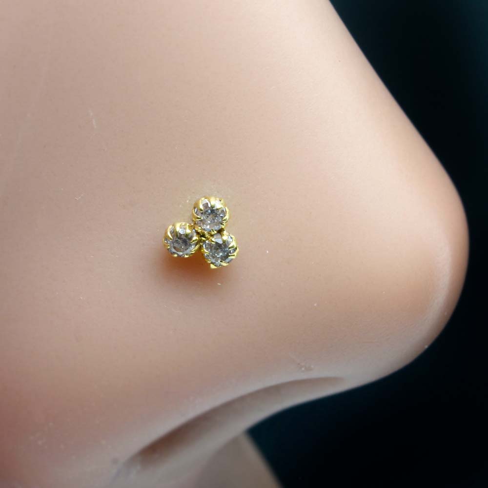 Tiny 3 Stone Real Gold 14K Nose stud White CZ Indian Style nose ring Push Pin