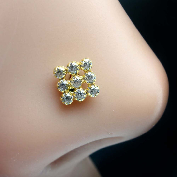Cute Square Real Gold 14K Nose stud White CZ Indian Style nose ring Push Pin