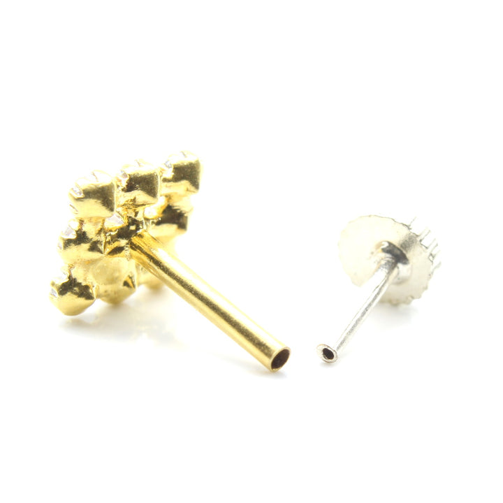 Cute Square Real Gold 14K Nose stud White CZ Indian Style nose ring Push Pin