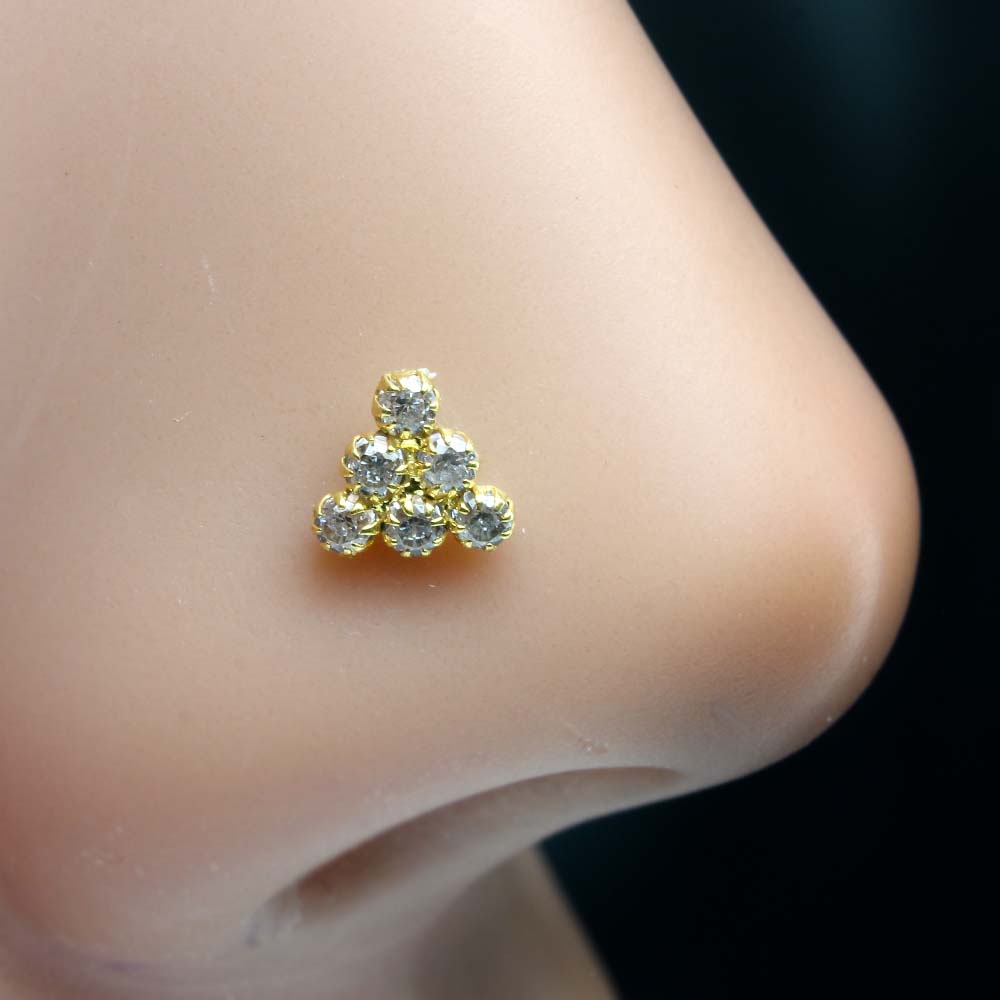 Triangle Real Solid Gold 14K Nose stud White CZ Indian Style nose ring Push Pin