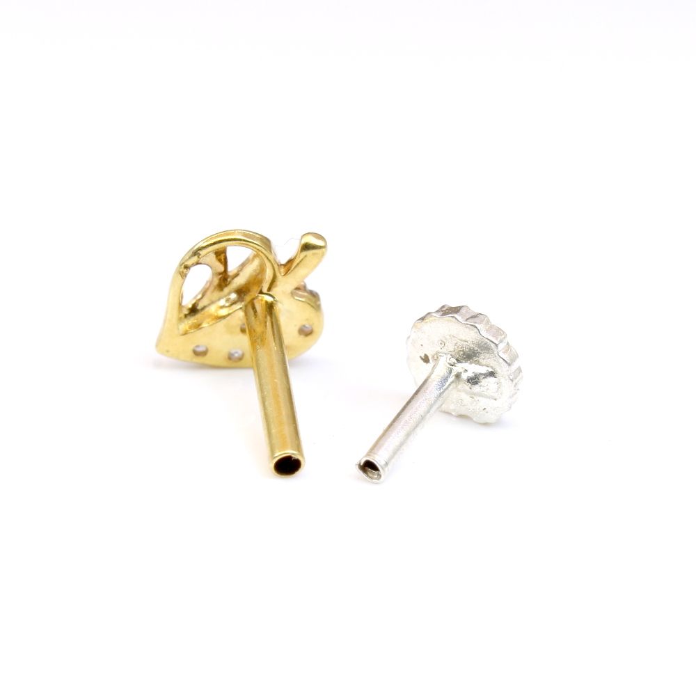 Real Gold White CZ Heart Nose Stud Nose Pin Solid 14k Yellow Gold